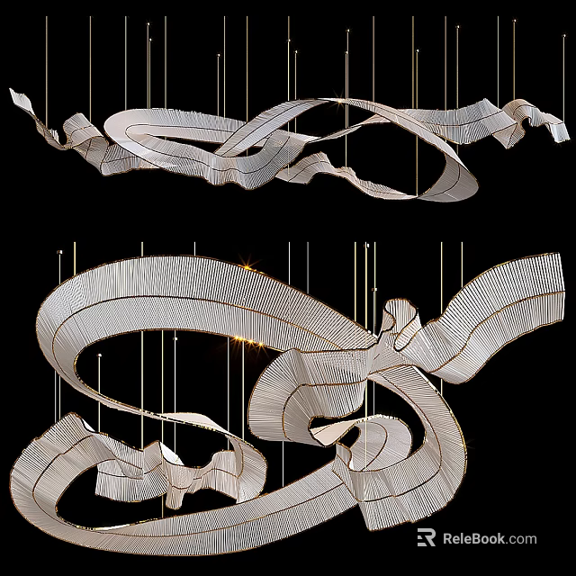 Modern Streamlined Chandelier with Flowing Ribbon Like Design Metallic Glossy Finish and Hanging Structure 3d model 