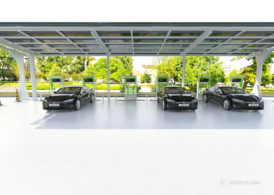 Covered Electric Vehicle Charging Station With Black Cars And Charging Ports Near Green Trees 3d model 