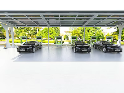 Covered Electric Vehicle Charging Station With Black Cars And Charging Ports Near Green Trees 3d model