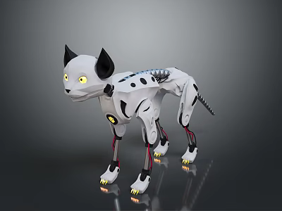 Mechanical Dog Character With Cat Like Ears Yellow Eyes And Glowing Paws 3d model