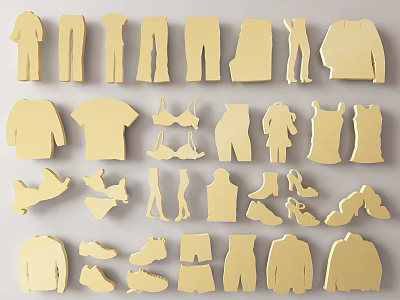 Yellow Clothing Shaped Wall Decor With Various Apparel And Shoe Designs 3d model