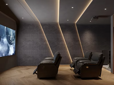 Modern Home Theater Interior Design With Large Screen Gray Walls LED Lighting And Dark Leather Recliners 3d model