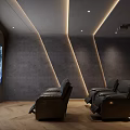 Modern Home Theater Interior Design With Large Screen Gray Walls LED Lighting And Dark Leather Recliners