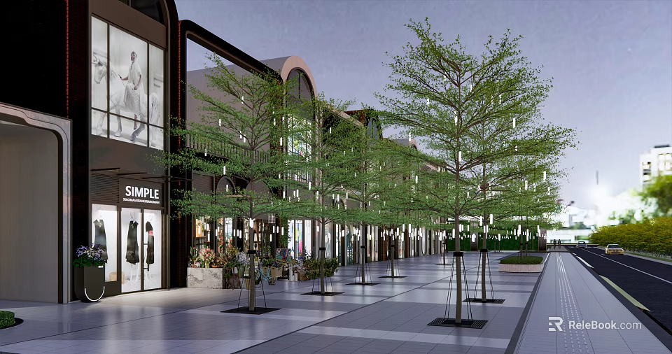 Vibrant Commercial Street Shopping Area With Trees Street Lamps And Storefronts 3d model 