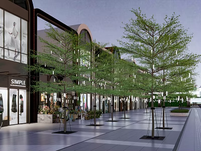 Vibrant Commercial Street Shopping Area With Trees Street Lamps And Storefronts 3d model