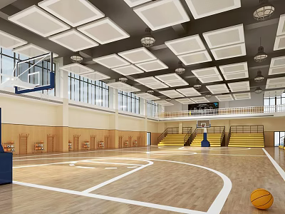 Spacious Indoor Basketball Gym With Wooden Court Floor Yellow Bleachers And Ceiling Lights 3d model