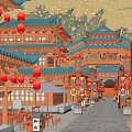Ancient Architecture With Blue Roofs Red Lanterns Bridge Over Water Surface And Lotus Lanterns