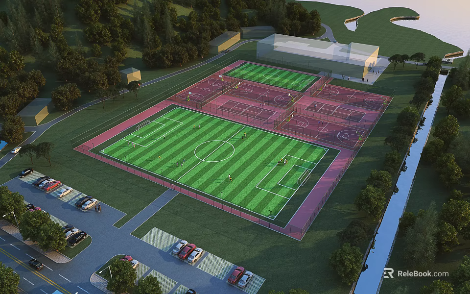 Sports Fitness Complex With Football Field Tennis Courts Green Turf Parking And Trees 3d model
