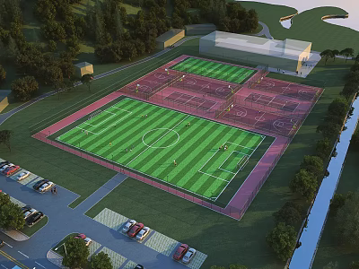 Sports Fitness Complex With Football Field Tennis Courts Green Turf Parking And Trees 3d model