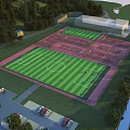 Sports Fitness Complex With Football Field Tennis Courts Green Turf Parking And Trees 3d model