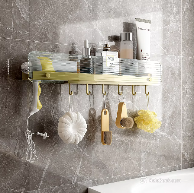 Golden Bathroom Accessories With Wall Mounted Shelf Toiletries Hooks And Loofahs 3d model 