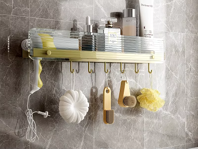 Golden Bathroom Accessories With Wall Mounted Shelf Toiletries Hooks And Loofahs 3d model