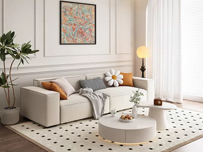 Beige Two Seater Sofa With Colorful Cushions And Floor Lamp In Living Room 3d model