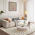 Beige Two Seater Sofa With Colorful Cushions And Floor Lamp In Living Room