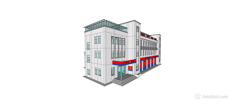 Modern Office Building Exterior With Glass Facade Multiple Floors Red Blue Accents And Entrance 3d model 
