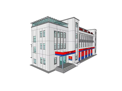 Modern Office Building Exterior With Glass Facade Multiple Floors Red Blue Accents And Entrance 3d model