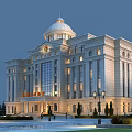 Grand Office Building With White Dome Marble Exterior Large Windows Evening Lighting And Front Plaza
