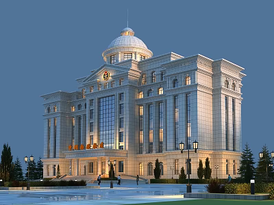 Grand Office Building With White Dome Marble Exterior Large Windows Evening Lighting And Front Plaza 3d model