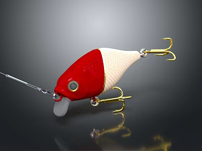 Red And White Fishing Lure With Golden Hooks And Transparent Lip On Dark Background 3d model