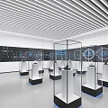 Modern Exhibition Hall With Striped Ceiling Black Walls And Transparent Display Cases