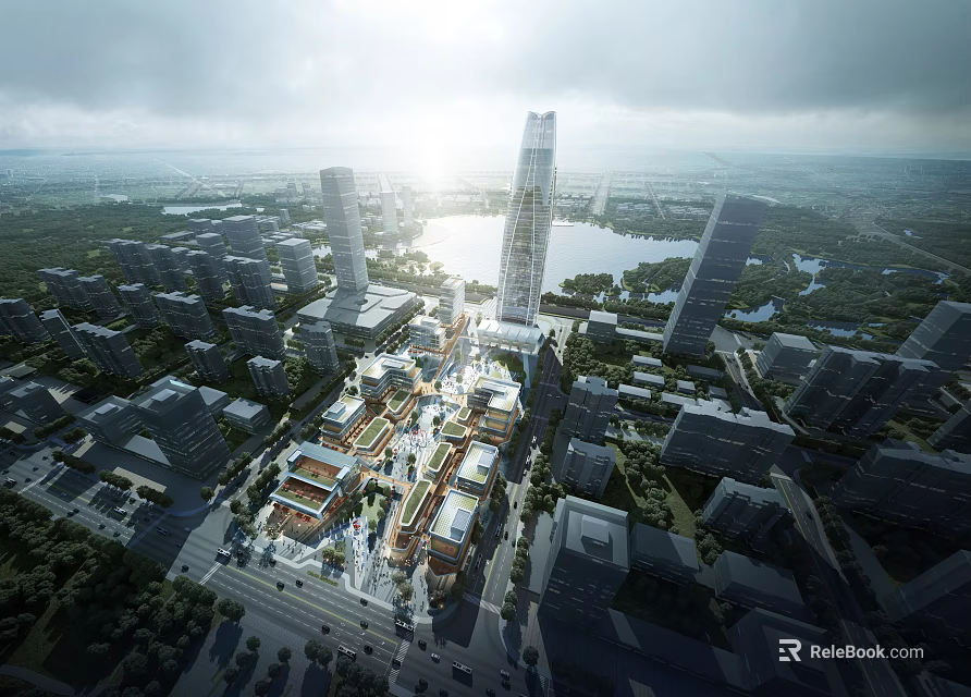 Modern City Aerial View With Skyscrapers Scenic Lake And Commercial District 3d model 