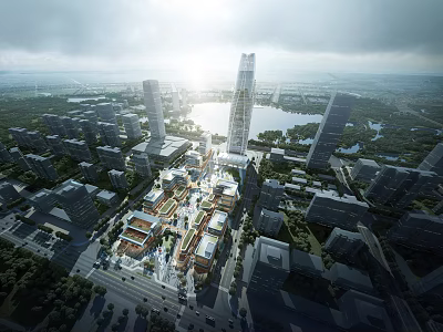 Modern City Aerial View With Skyscrapers Scenic Lake And Commercial District 3d model