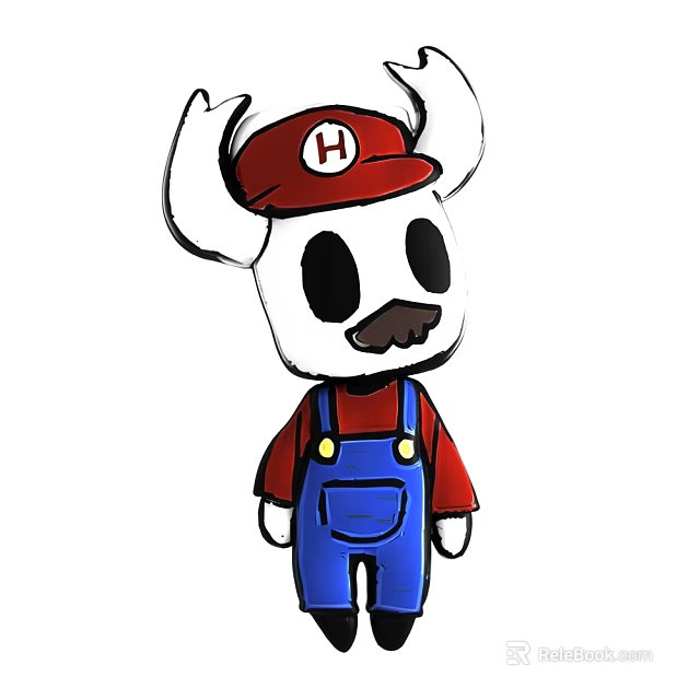 Game Character With Red Hat White H Horns Black Eyes Mustache Red Shirt Blue Overalls 3d model 
