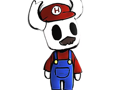 Game Character With Red Hat White H Horns Black Eyes Mustache Red Shirt Blue Overalls 3d model