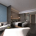 Modern Chinese Style Hotel Room Interior With Blue Wall Wooden Decor Sofa And Large Bed