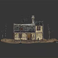 Yellow House Miniature Model With Silver Roof Chimney And Bare Trees