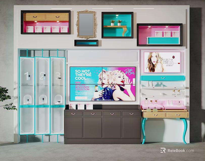 Modern Display Shelves With Mirror Cabinets Beauty Product Screens And Colorful Accents 3d model 