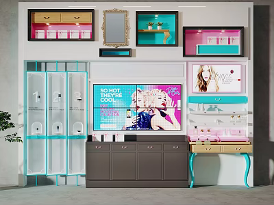 Modern Display Shelves With Mirror Cabinets Beauty Product Screens And Colorful Accents 3d model