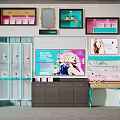 Modern Display Shelves With Mirror Cabinets Beauty Product Screens And Colorful Accents