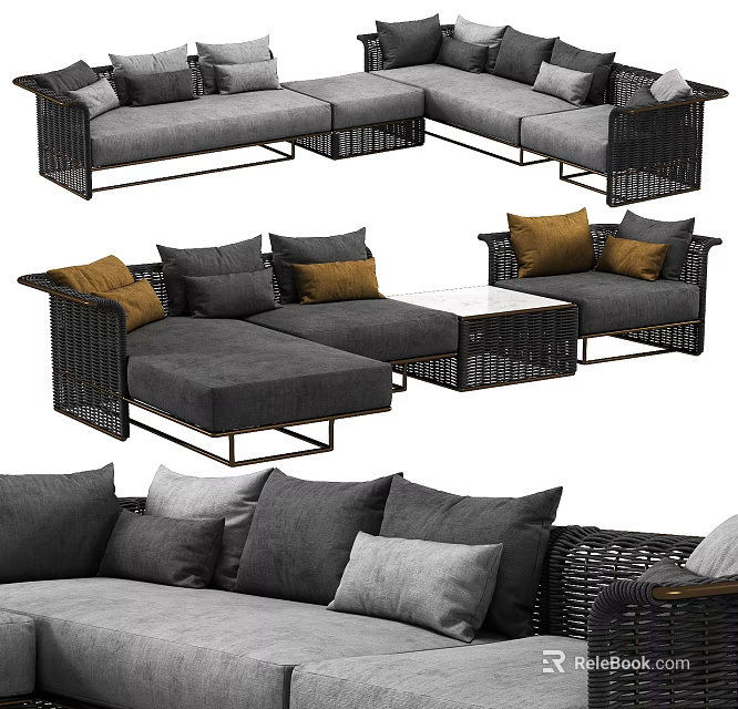 Woven Rattan Outdoor Sofa With Modular Design Gray Brown Cushions 3d model 