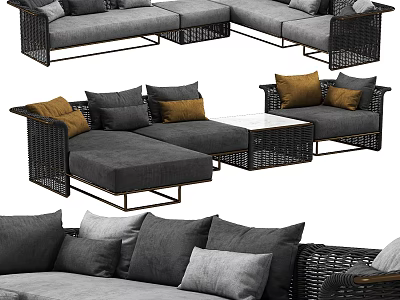 Woven Rattan Outdoor Sofa With Modular Design Gray Brown Cushions 3d model