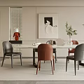 Modern Restaurant Interior With White Dining Table Gray Brown Chairs Rug And Wall Art 3d model