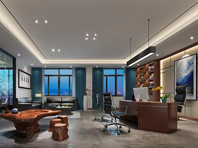 Modern Office Interior With Wooden Desk Ergonomic Chair Sofa Bookshelf Large Windows And Decorative Painting 3d model