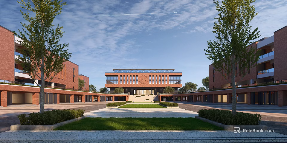 Red Brick Campus Building Complex With Central Main Structure Lawn And Trees 3d model 