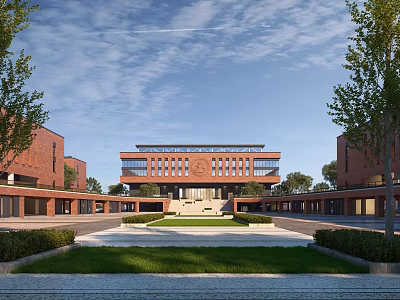 Red Brick Campus Building Complex With Central Main Structure Lawn And Trees 3d model