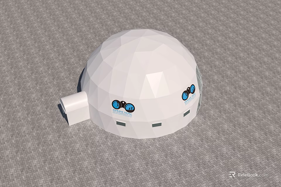 White Dome Shaped Device With Geometric Texture And Blue Circular Logos 3d model