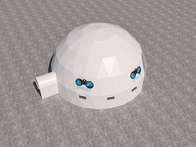 White Dome Shaped Device With Geometric Texture And Blue Circular Logos 3d model