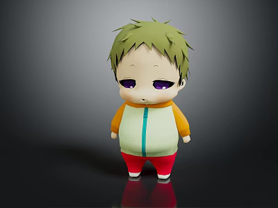 Cute 3D Cartoon Character With Green Hair Purple Eyes Yellow Jacket And Red Pants 3d model