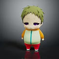 Cute 3D Cartoon Character With Green Hair Purple Eyes Yellow Jacket And Red Pants