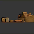 Assorted Fresh Bread Loaves in Wicker Baskets and Orange Trays
