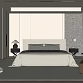 Modern Bedroom Interior With White Bed Gray Cushions Nightstands Lamps And Patterned Accent Wall