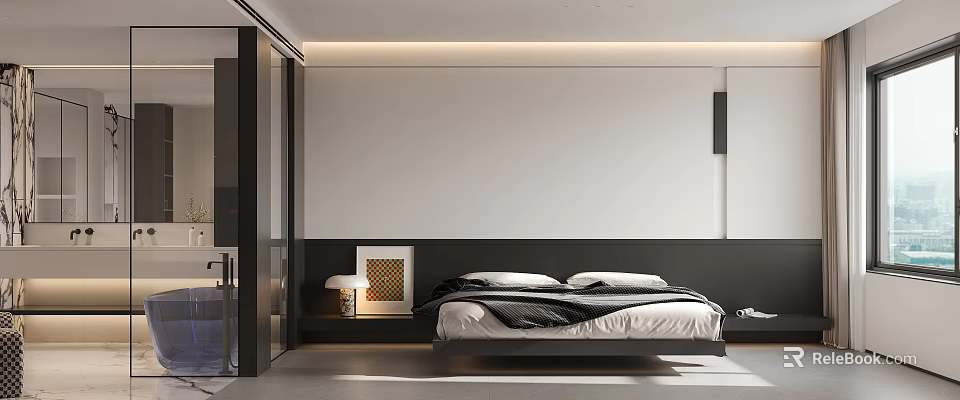 Minimalist Bedroom Interior Design With Black White Color Scheme Bed Decorative Art And Table Lamp 3d model 