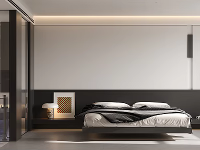 Minimalist Bedroom Interior Design With Black White Color Scheme Bed Decorative Art And Table Lamp 3d model