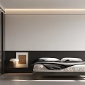 Minimalist Bedroom Interior Design With Black White Color Scheme Bed Decorative Art And Table Lamp