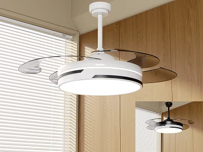 Modern White Ceiling Fan Light Design In Interior With Wooden Walls And Blinds 3d model