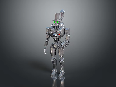 Silver Mechanical Robot Character With Top Hat Green Eyes Red Chest And Metallic Body 3d model
